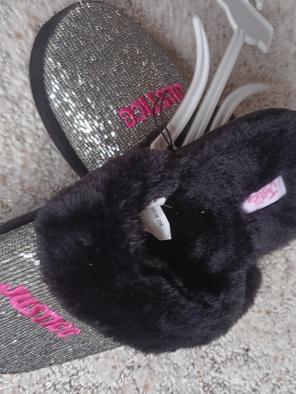 Justice Silver Sequin Slippers with Pink Logo and Black Faux Fur - Picture 2 of 2